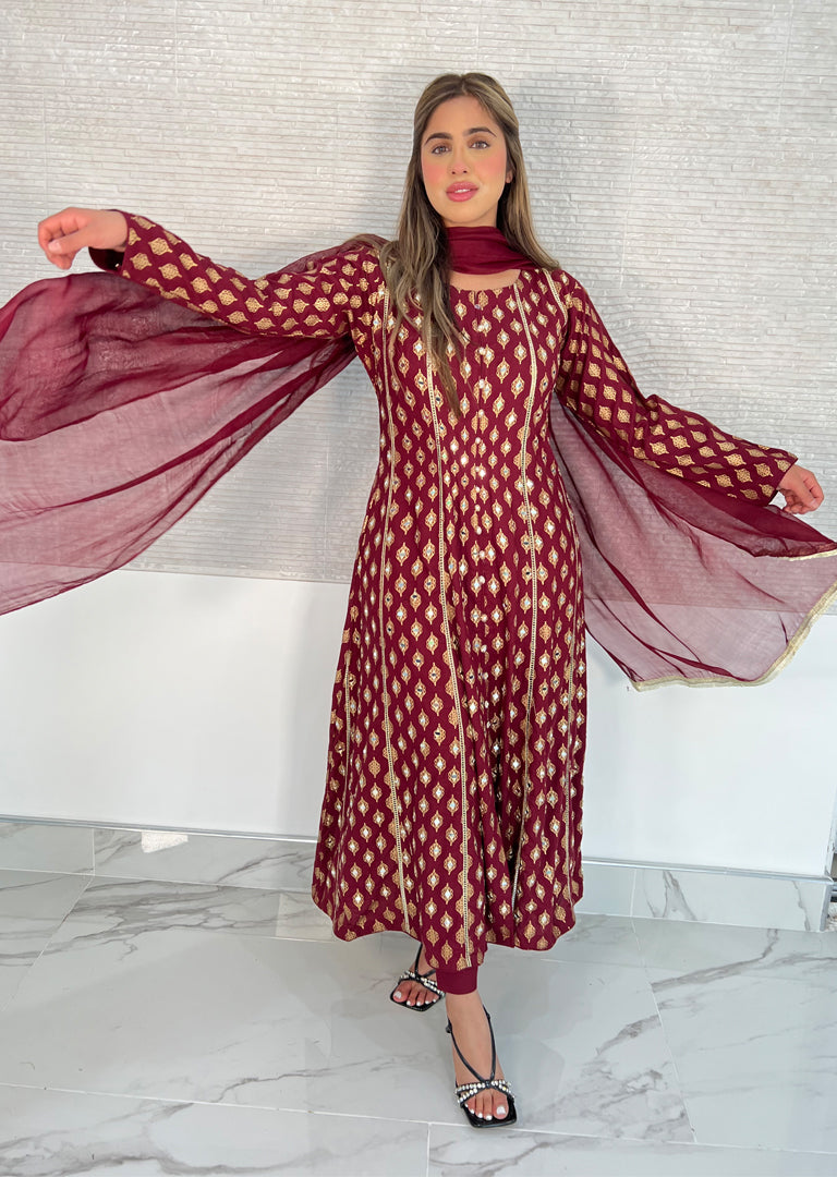 HK59 Sheesha - Maroon Linen Mother & Daughter Mirror Suit – Memsaab
