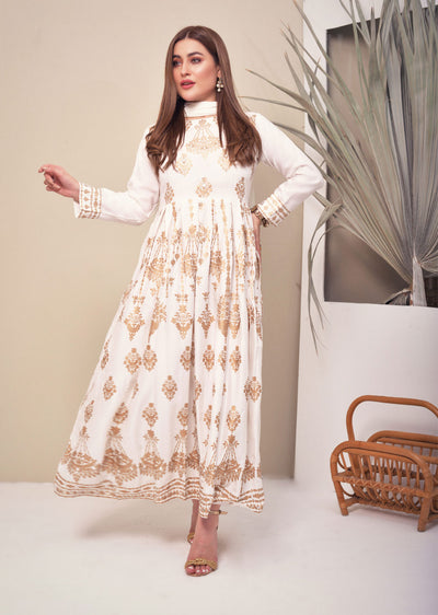 HK73 Chandere Readymade White Linen Dress - Memsaab Online