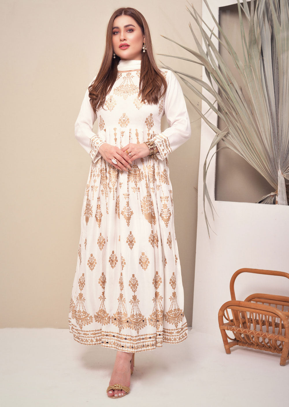 HK73 Chandere Readymade White Linen Dress - Memsaab Online