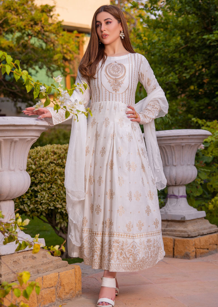 HK97 Crystal White Readymade Linen Dress - Memsaab Online