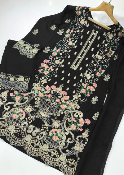 HK55 Serena - Black Embroidered Linen Suit - Memsaab Online
