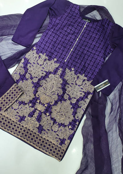 HK07 Readymade Purple Embroidered Linen Suit - Memsaab Online