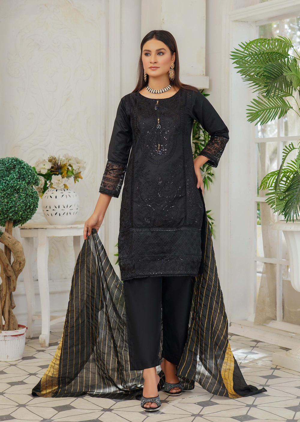 KLD127 Black Readymade Winter Cotton Net Suit - Memsaab Online