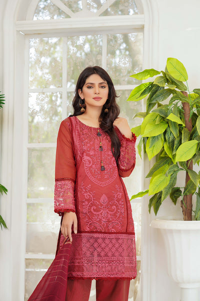 KLD127 Red Readymade Winter Cotton Net Suit - Memsaab Online