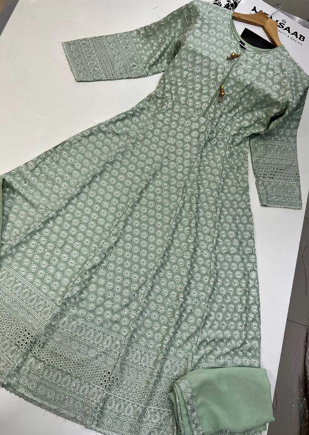 RGZ99905 Light Green Embroidered Linen Long Dress - Memsaab Online