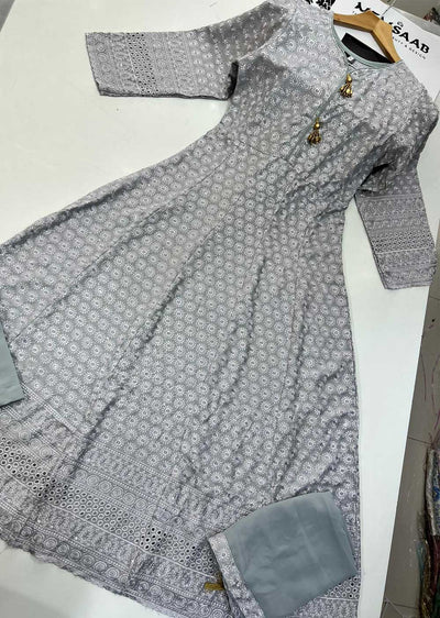 RGZ99905 Light Grey Embroidered Linen Long Dress - Memsaab Online