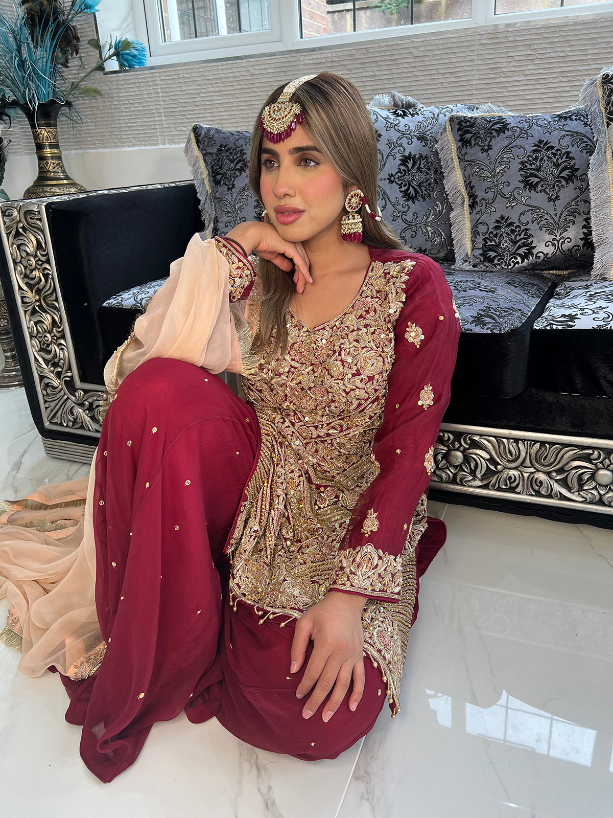 ZN1634 - Maroon Wedding Shararah Suit - Memsaab Online