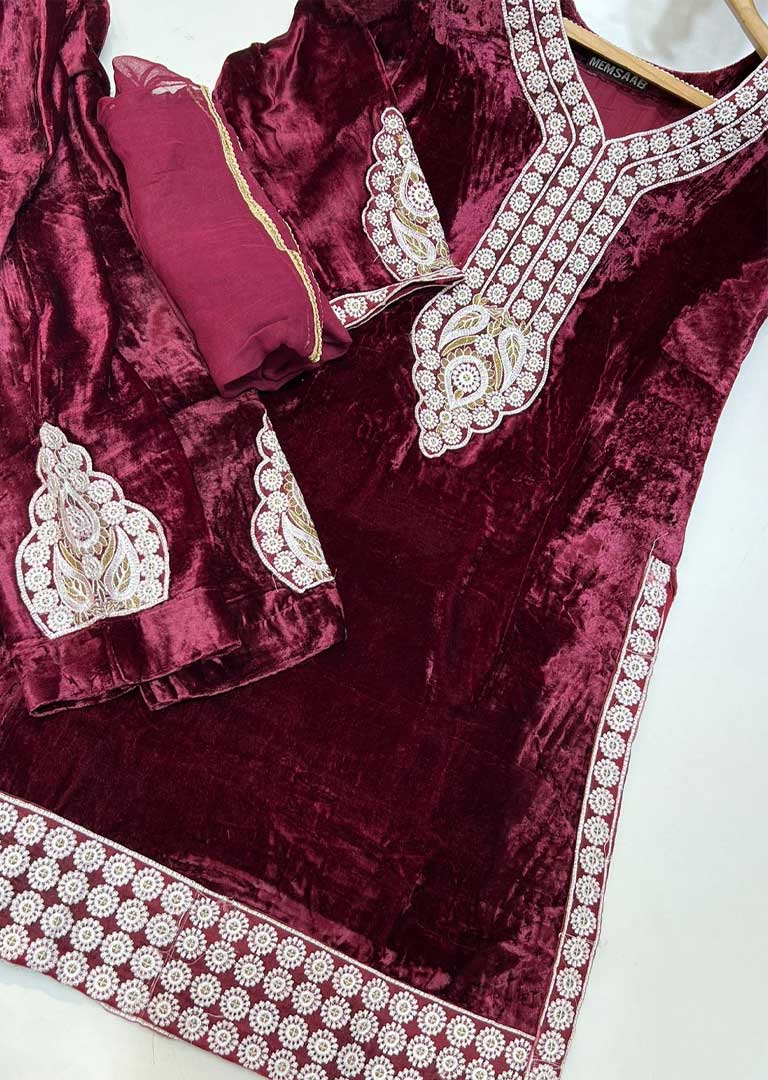 NR8115 Pakiza - Maroon Readymade Velvet Suit - Memsaab Online
