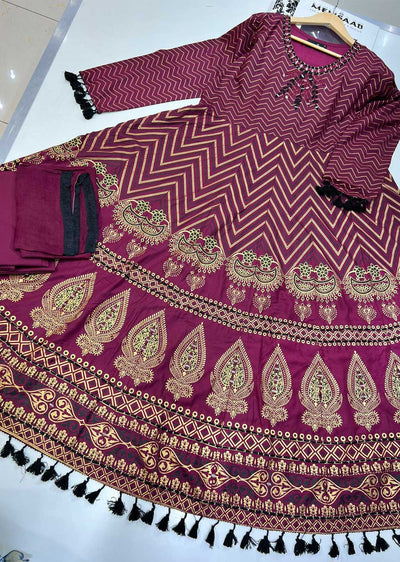 HK202 Samarkand Readymade Maroon Dress - Memsaab Online