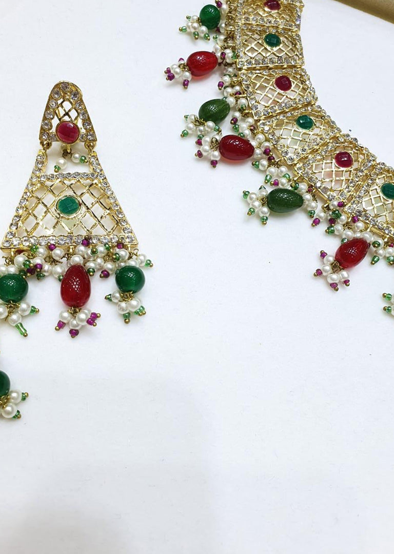 Mahrukh -Maroon/Green- Aari Gold Plated Necklace Set with Fresh Water Pearls - Memsaab Online