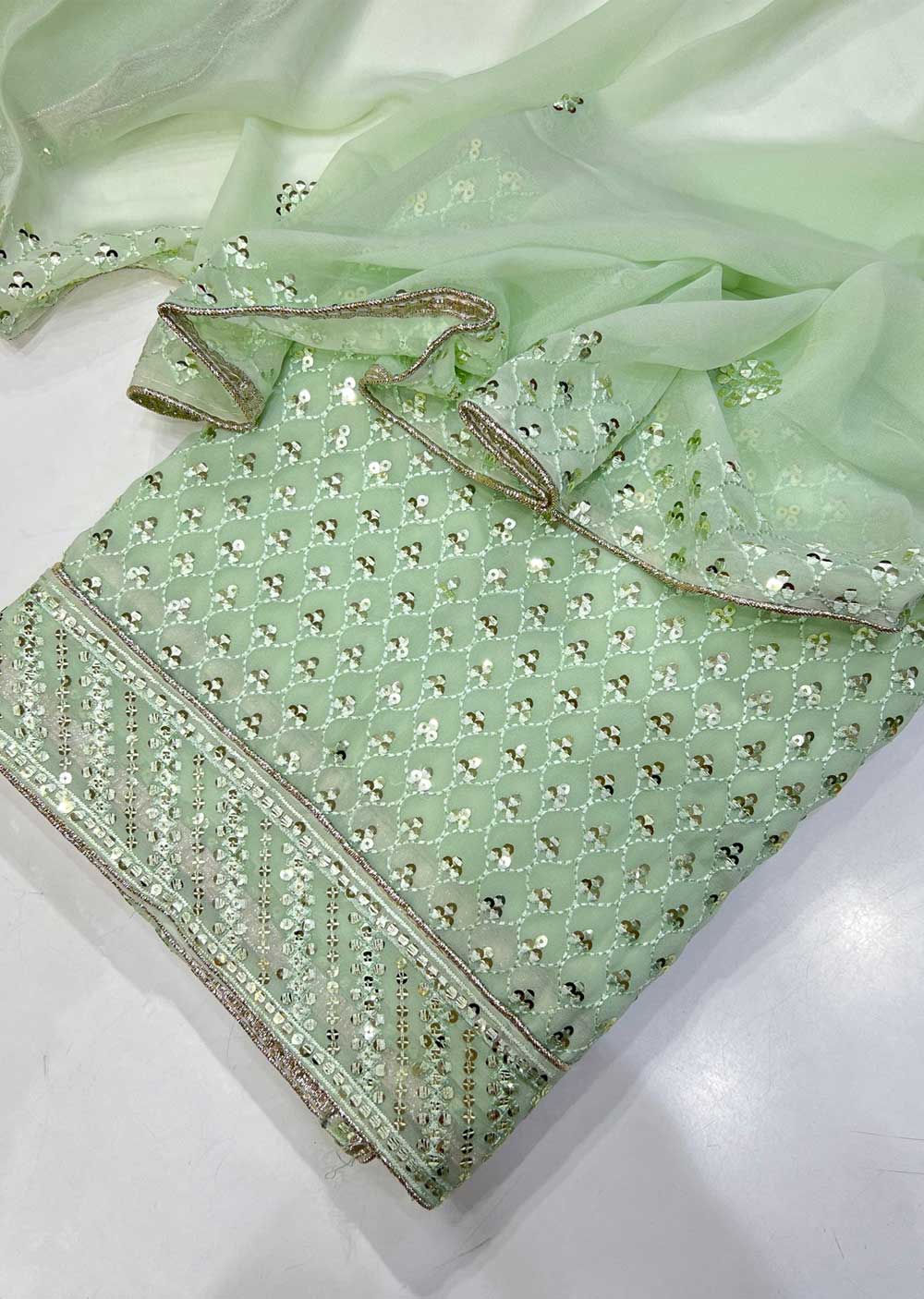 ATQ5309 Unstitched Mint Green Georgette Suit - Memsaab Online
