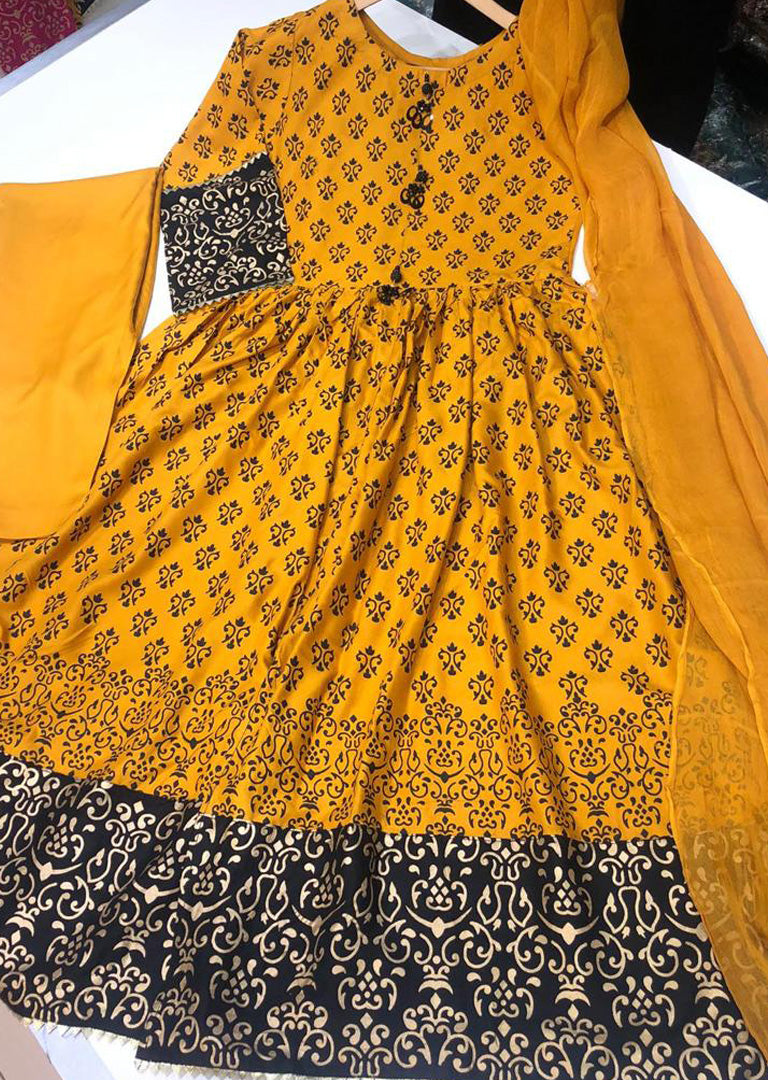 HK51 Mother & Daughter Mustard Block Print Linen Dress - Memsaab Online