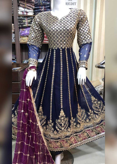 SHAZ6548 Navy Readymade Chiffon Dress - Memsaab Online