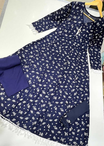 RGZ9913 Navy Printed Linen Maxi Dress - Memsaab Online