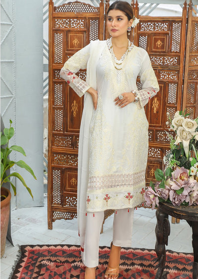 HK138 Guzarish White Readymade Linen Suit - Memsaab Online