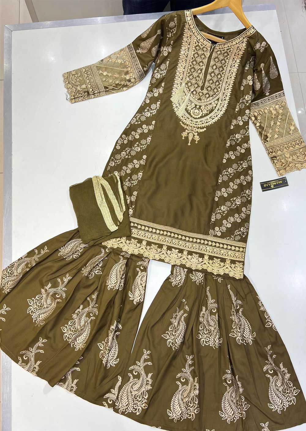 HK181 Bekhud Readymade Olive Linen Mother & Daughter Suit - Memsaab Online