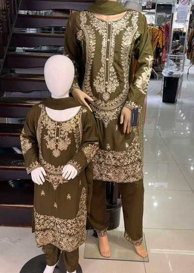 HK126 Habiba Olive Readymade Mother & Daughter Suit - Memsaab Online
