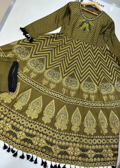 HK202 Samarkand Readymade Olive Dress - Memsaab Online