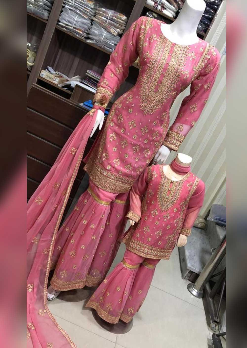 SHAZ6545 Pink Readymade Shararah Mother & Daughter Suit - Memsaab Online