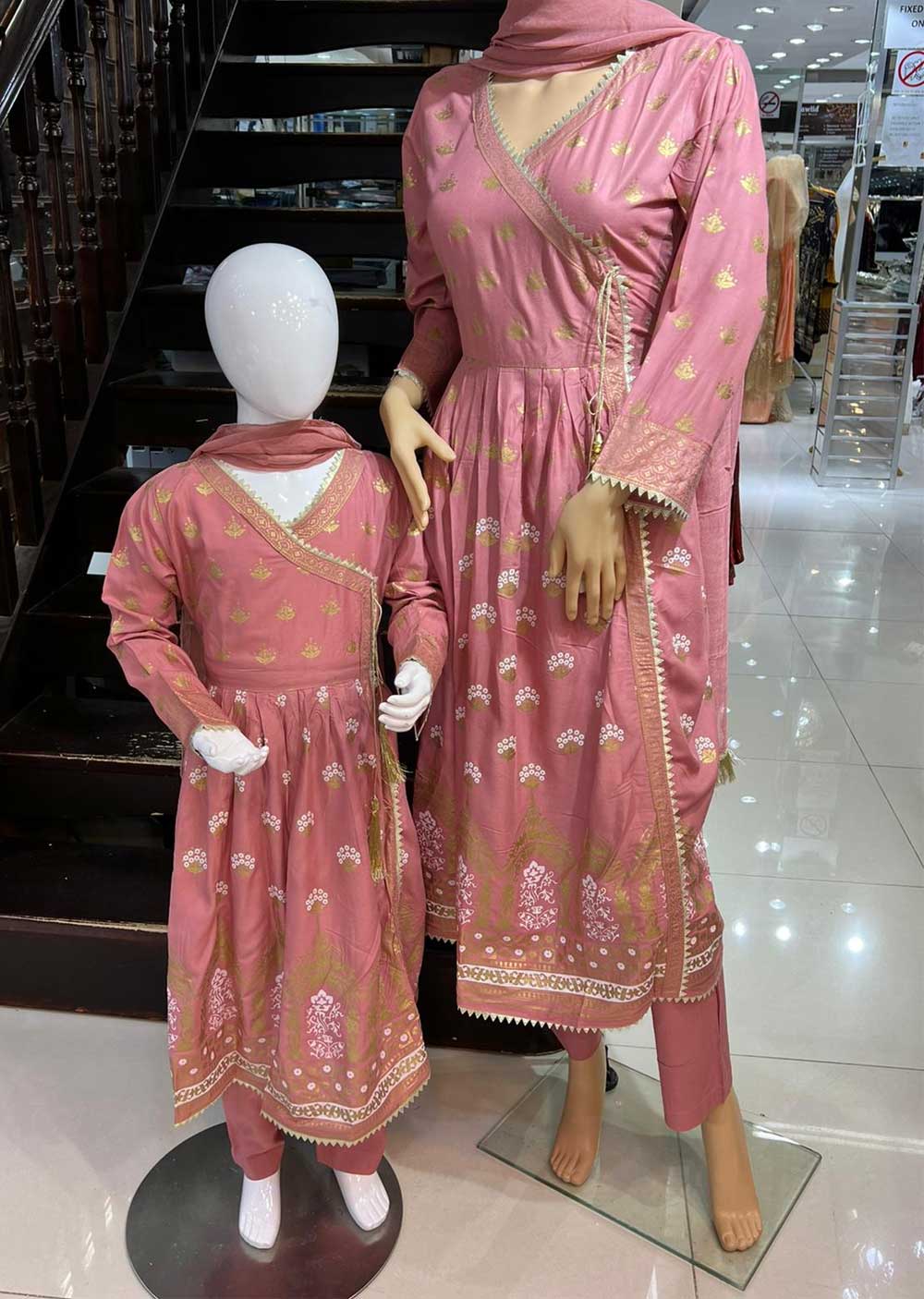 HK76 Xaolin Readymade Pink Linen Mother & Daughter Dress - Memsaab Online