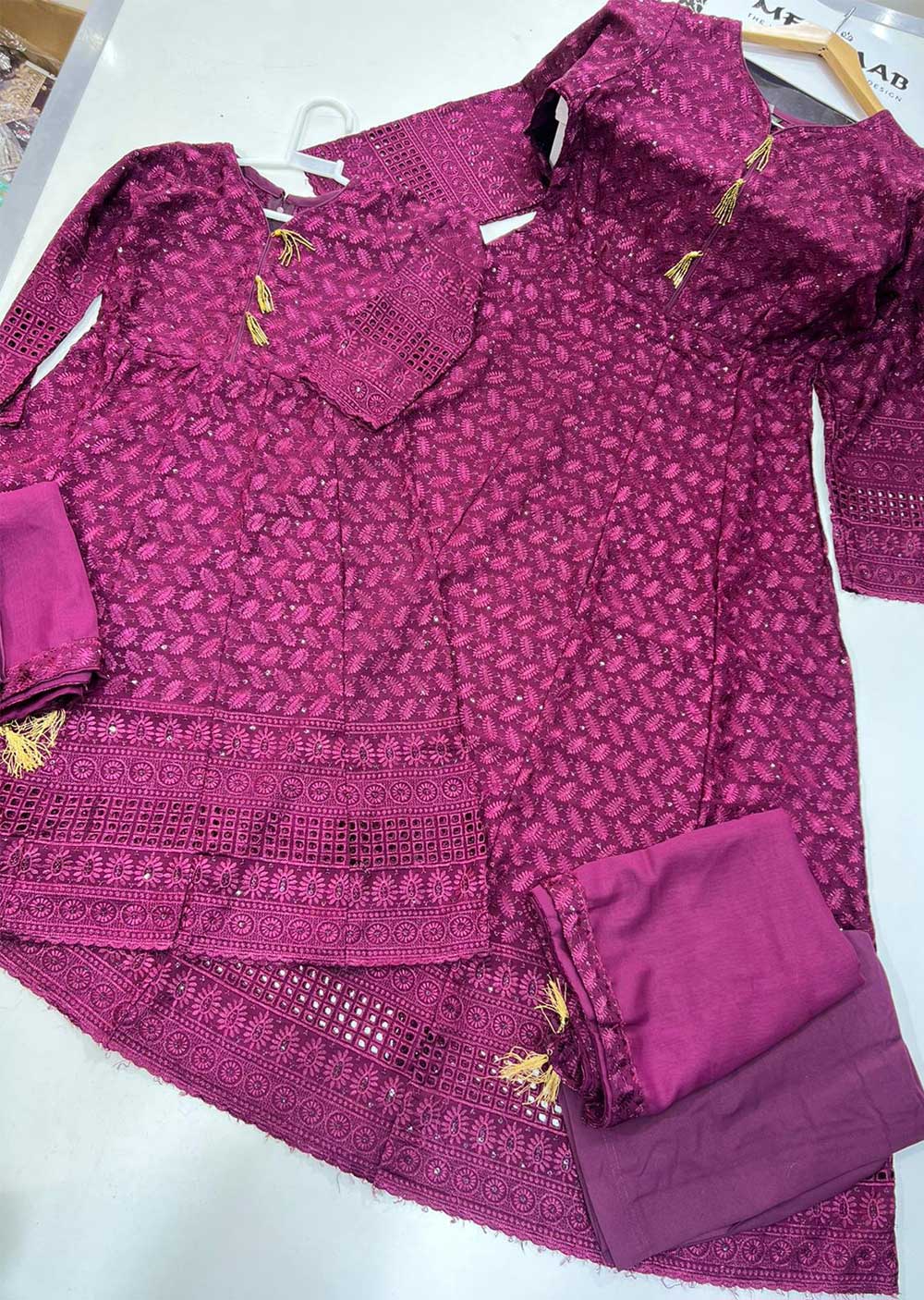 RGZ99905 Plum Embroidered Mother Daughter Linen Long Dress - Memsaab Online