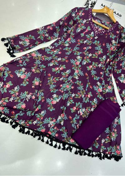 RGZ9923 Purple Printed Linen Dress - Memsaab Online