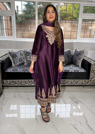 RGZ782 Purple Readymade Embroidered Velvet Suit - Memsaab Online