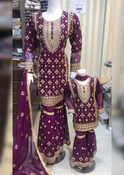 SHAZ6545 Purple Readymade Shararah Mother & Daughter Suit - Memsaab Online