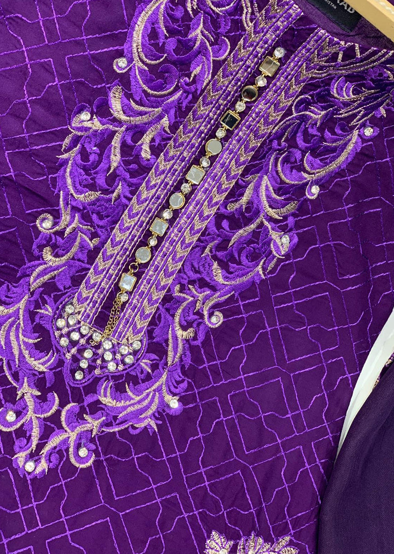 HK60 Tamanna - Purple Emboirdered Linen Suit - Memsaab Online
