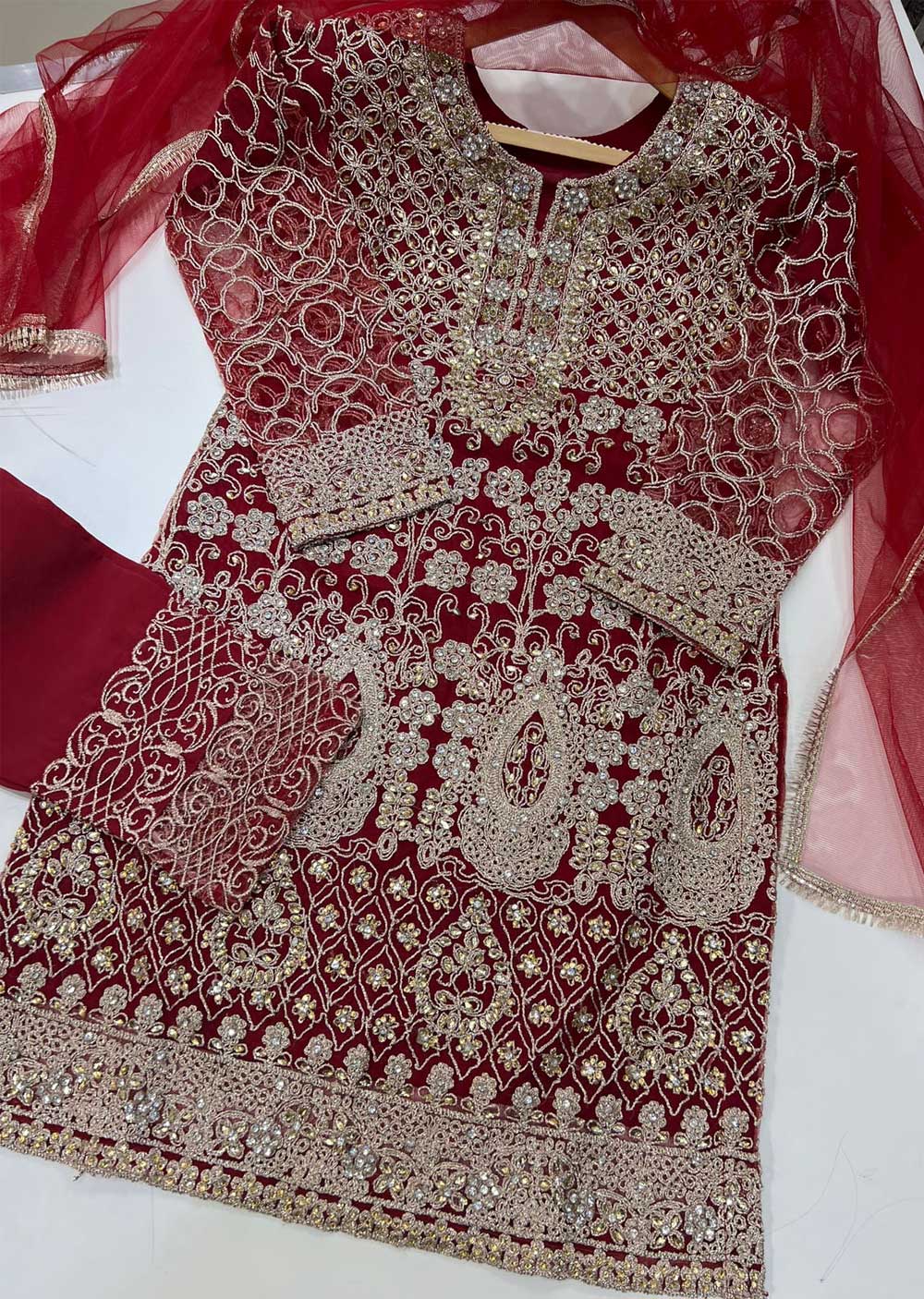 RGZ625 Red Readymade Fancy Net Suit – Memsaab