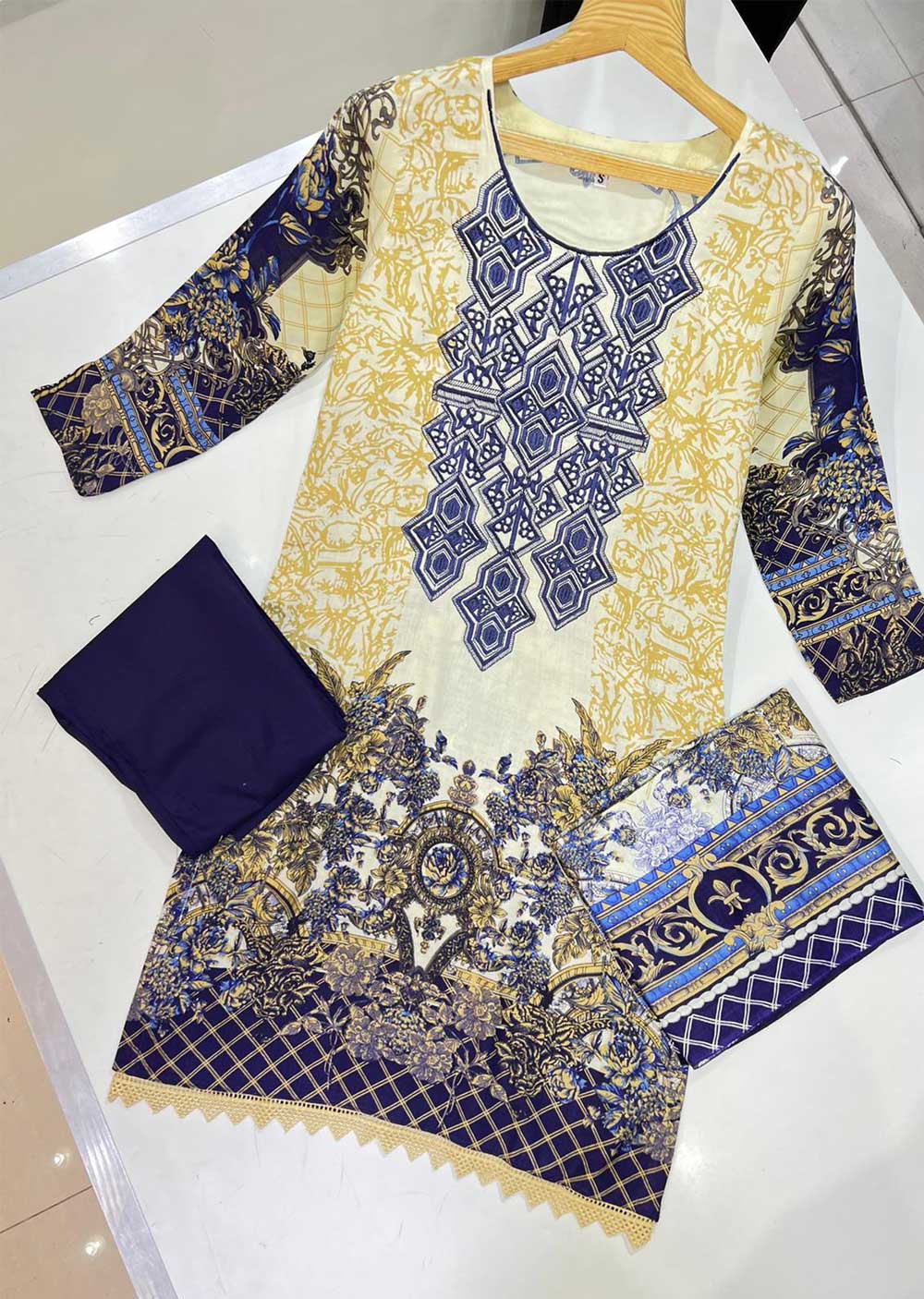 AMT39018-C Cream/Royal Blue Readymade Designer Suit 2022 - Memsaab Online