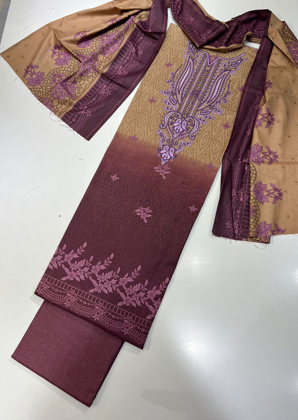 SHN218 Unstitched Embroidered Dhanak Suit - Memsaab Online