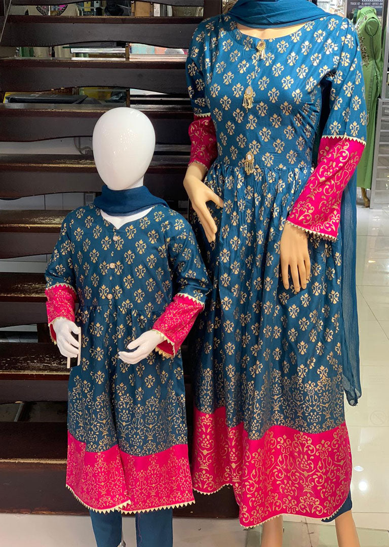 HK51 Mother & Daughter Teal Block Print Linen Dress - Memsaab Online