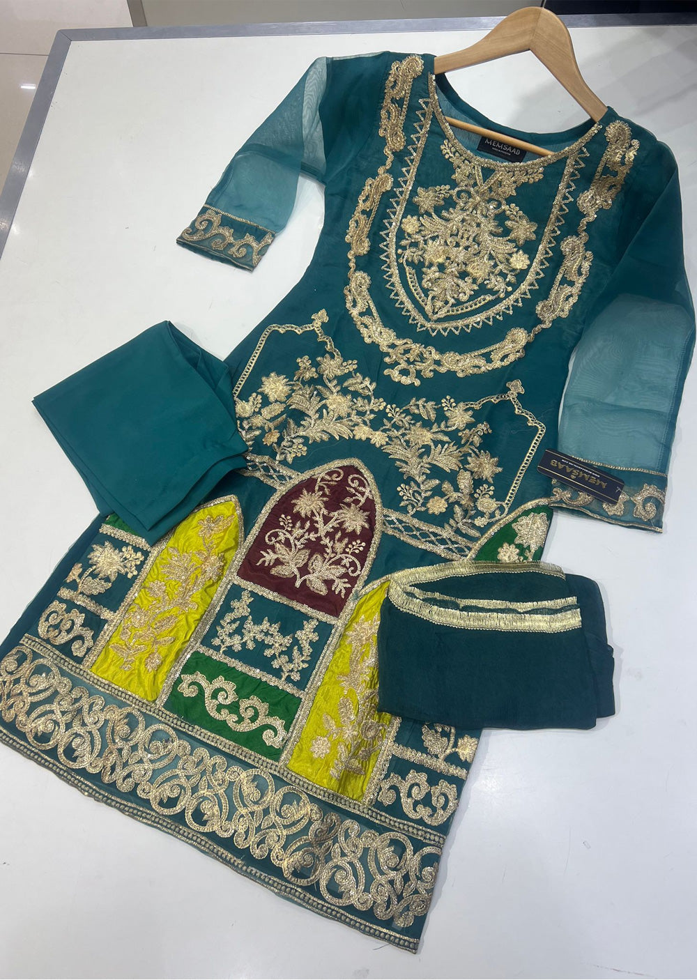 HK194 Peheli Teal Readymade Tissue Outfit - Memsaab Online