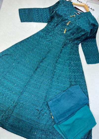 RGZ99905 Teal Embroidered Linen Long Dress - Memsaab Online