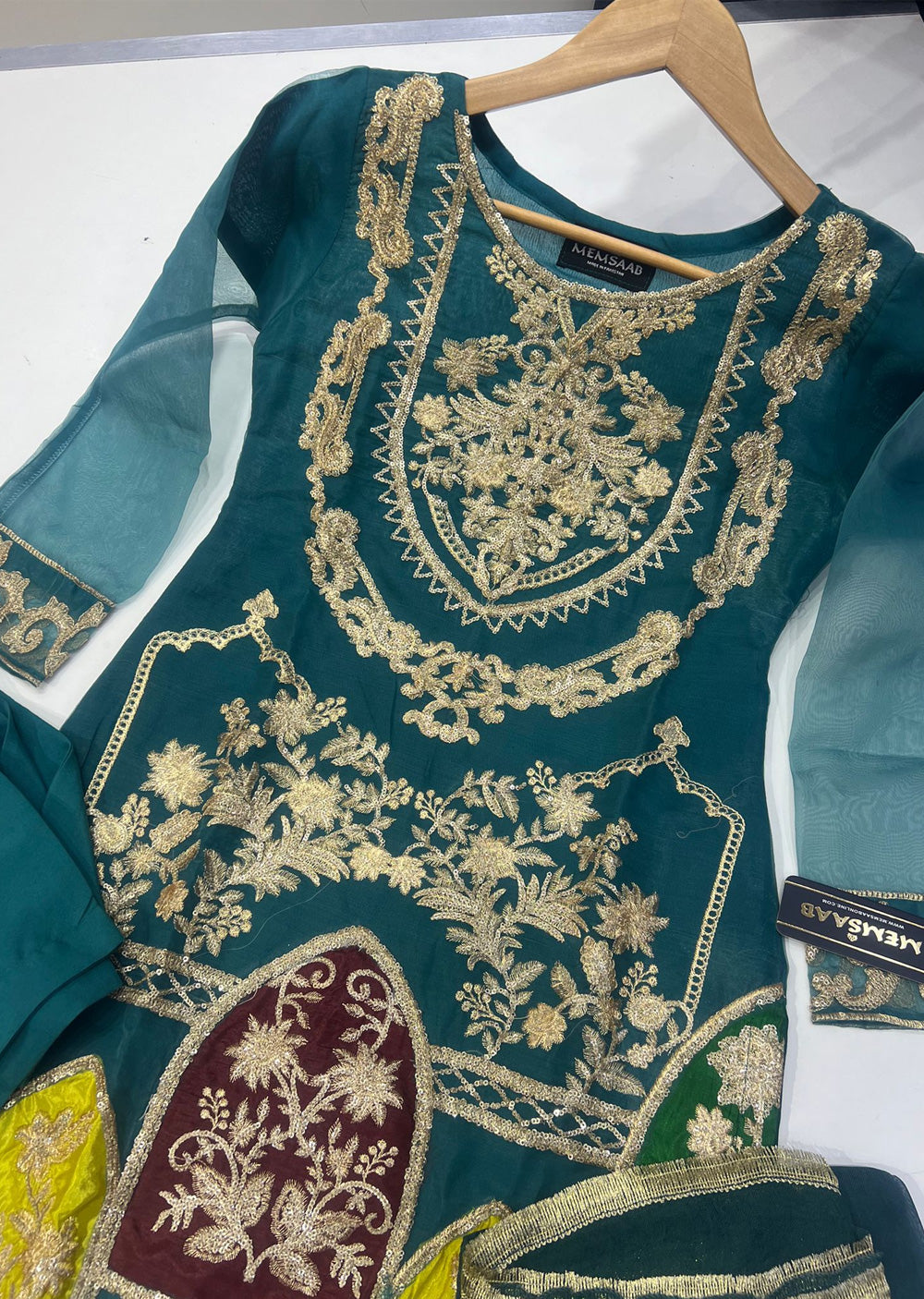 HK194 Peheli Teal Readymade Tissue Outfit - Memsaab Online