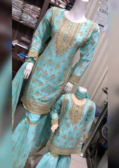 SHAZ6545 Turqoiuse Readymade Shararah Mother & Daughter Suit - Memsaab Online