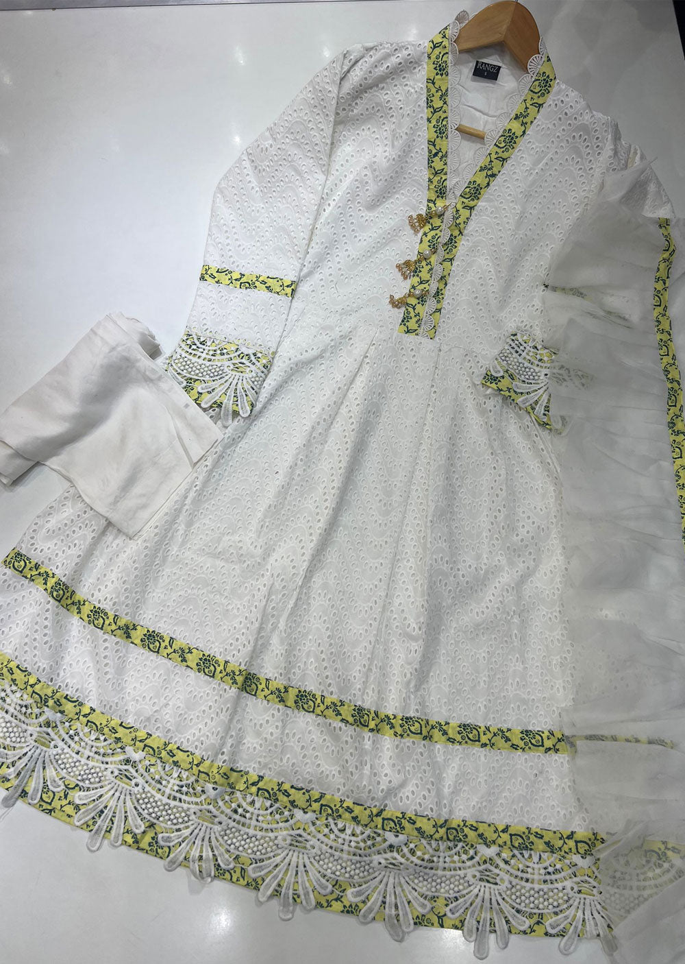 RGZ696 White Chickenkari Readymade Dress - Memsaab Online