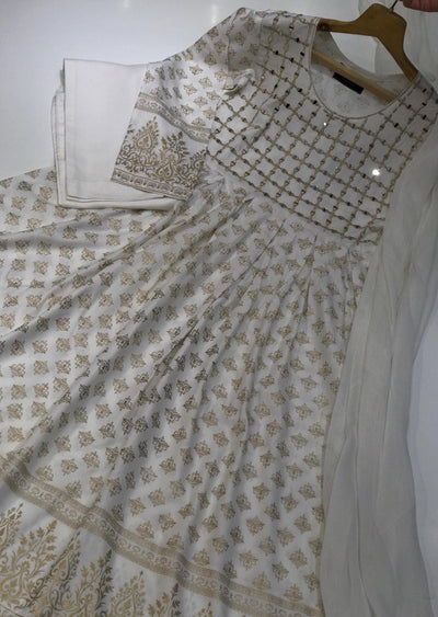 HK56 Bariqa - White Embroidered Linen Frock - Memsaab Online