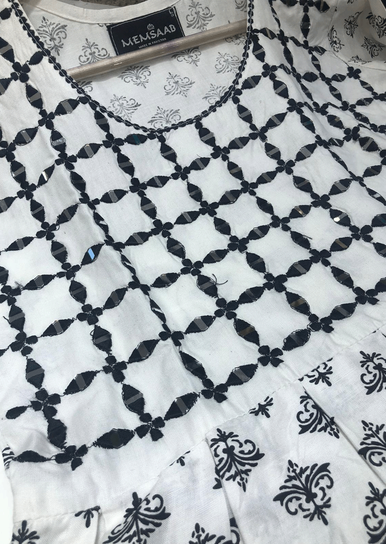 HK56 Bariqa - White/Black Embroidered Linen Frock